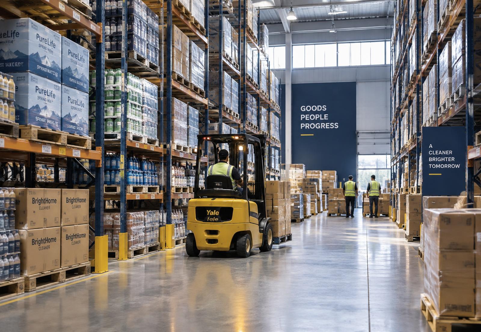 Organized wholesale distribution warehouse with palletized consumer goods